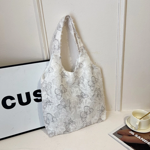 Borsa Tote in Nylon Ricamata con Farfalle Grande Capacità Borsa a Tracolla Casual per Donna Moda Semplice Trend di Strada Borsa Sottobraccio