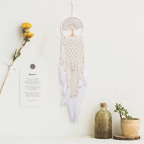 Acchiappasogni Intrecciato a Mano Albero Della Vita Con Piume Bianche Macramè Decorazione Da Parete Boho Regalo Casa