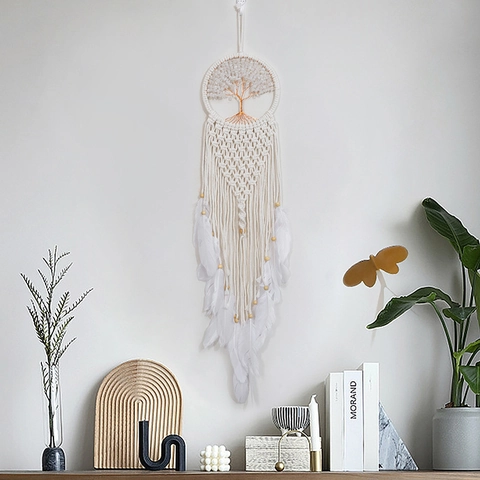 Acchiappasogni Intrecciato a Mano Albero Della Vita Con Piume Bianche Macramè Decorazione Da Parete Boho Regalo Casa