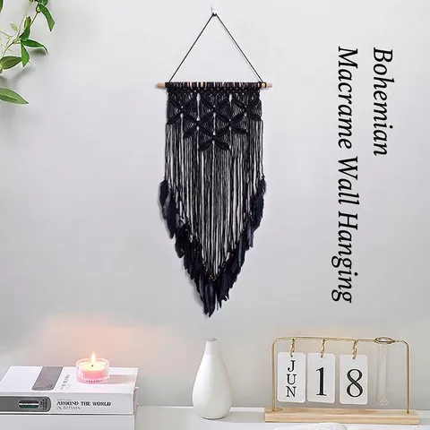 Grande Acchiappasogni Macramè Nero Da Parete Fatto A Mano Corda Di Cotone Con Piume E Perle Di Legno Arredo Boho