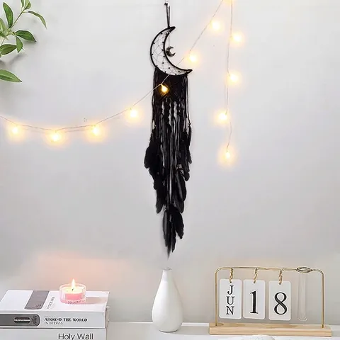 Handmade Moon Dream Catcher Black Feather Macrame Wall Hanging Bohemian Woven Tapestry Home Decor For Bedroom Living Room Gift