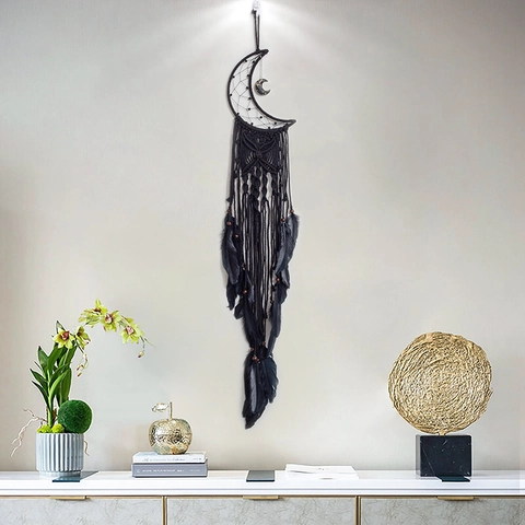 Handmade Moon Dream Catcher Black Feather Macrame Wall Hanging Bohemian Woven Tapestry Home Decor For Bedroom Living Room Gift