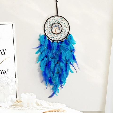 Handmade Woven Tree Of Life Dreamcatcher With Blue Feathers And Crystal Stones Wall Hanging Decoration Bohemia Style Home Decor