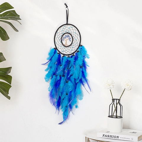 Handmade Woven Tree Of Life Dreamcatcher With Blue Feathers And Crystal Stones Wall Hanging Decoration Bohemia Style Home Decor