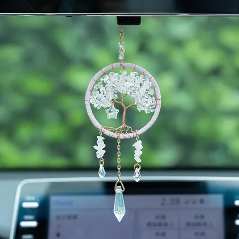 Tree Of Life Dreamcatcher White Crystal Handmade Woven Car Hanging Ornament Rearview Mirror Decor Bohemian Wall Decoration