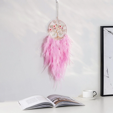 Handmade Pink Dreamcatcher Tree Of Life Wall Hanging With Pink Crystal Camellia Feather Artificial Pearls Bohemian Home Bedroom Decor