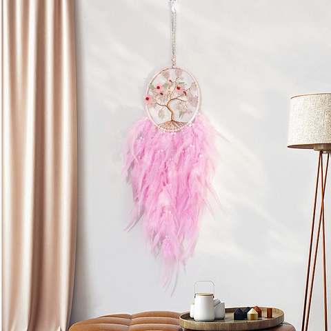 Handmade Pink Dreamcatcher Tree Of Life Wall Hanging With Pink Crystal Camellia Feather Artificial Pearls Bohemian Home Bedroom Decor