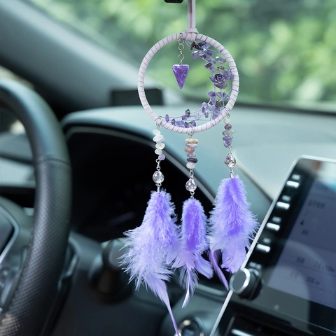 Acchiappasogni Viola Pendente Auto Luna Pietre Ametista Piume Cristallo Fatto Mano Decorazione Bohémien