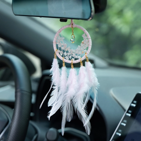 Acchiappasogni in Cristallo Rosa Ornamento da Appendere per Auto Con Piume Decorazione Specchietto Retrovisore Boho Donna