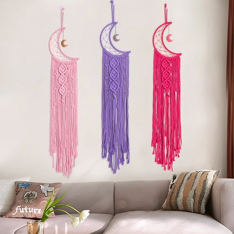 Handmade Moon Macrame Wall Hanging Cotton Rope Dream Catcher With Tassel Bohemian Home Decor Wall Tapestry For Bedroom