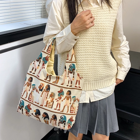 Dames Canvas Tote Bag Grote Capaciteit Zebra Schedel Luipaard Egyptische Mythologie Print Schoudertas Casual Streetwear Shopping Handtas
