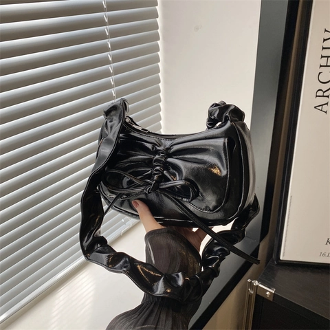 Chic Bowknot PU Leather Shoulder Bag With Ruched Strap Shiny Underarm Bag Trendy Women Handbag Solid Color Crescent Bag Daily Tote