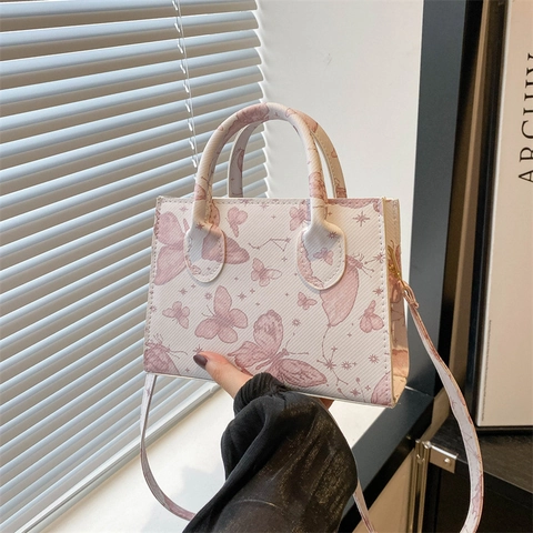 Sac à Épaule Vintage en Cuir PU Imprimé Papillon Petit Sac à Main Carré Bandoulière Réglable Femme Sac Crossbody Casual