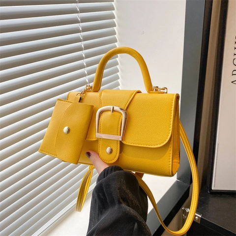 Women PU Leather Lychee Pattern Small Square Shoulder Bag With Mini Hanging Pouch Fashion Crossbody Handbag