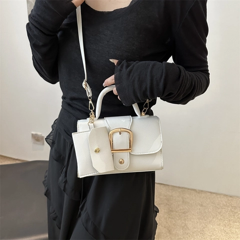 Women PU Leather Lychee Pattern Small Square Shoulder Bag With Mini Hanging Pouch Fashion Crossbody Handbag