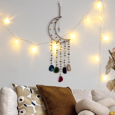 Moon Shape Dream Catcher Natural Agate Slices Crushed Stones Bohemian Handmade Wall Hanging Home Decor Macaron Ornament