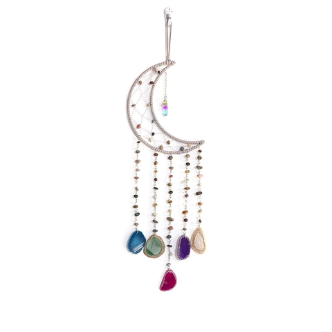 Moon Shape Dream Catcher Natural Agate Slices Crushed Stones Bohemian Handmade Wall Hanging Home Decor Macaron Ornament