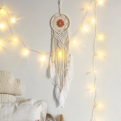 Acchiappasogni Fatto A Mano Macramé Decorazione Parete Con Corda Cotone Piume Perle Legno Motivo Mandala Boho