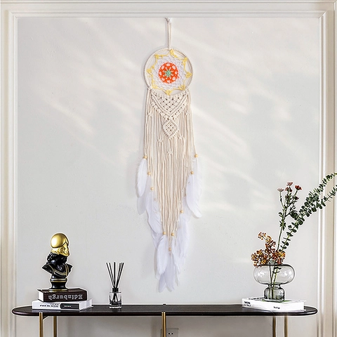 Acchiappasogni Fatto A Mano Macramé Decorazione Parete Con Corda Cotone Piume Perle Legno Motivo Mandala Boho