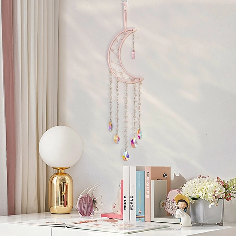 Handgemachter Rosenquarz Mond Traumfänger Suncatcher Mit Irisierenden Kristall Wassertropfen Anhängern Boho Wandbehang Deko
