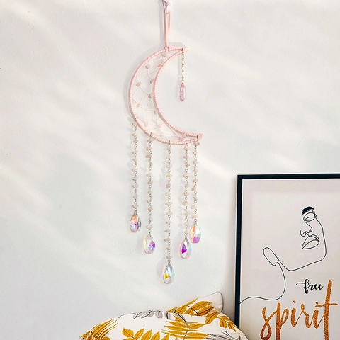 Handgemachter Rosenquarz Mond Traumfänger Suncatcher Mit Irisierenden Kristall Wassertropfen Anhängern Boho Wandbehang Deko