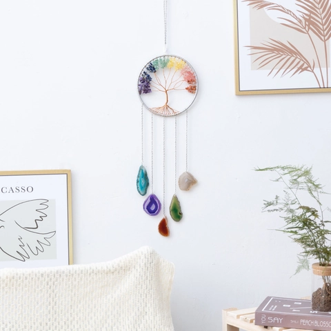 Atrapasueños Árbol De La Vida Rodajas De Ágata Natural Piedras De Cristal Chakra Decoración De Pared Hecho A Mano Bohemia