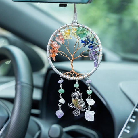 Tree Of Life Dreamcatcher Owl Hanging Ornament With Natural Healing Crystal Stones Handmade Bohemian Car Home Decor