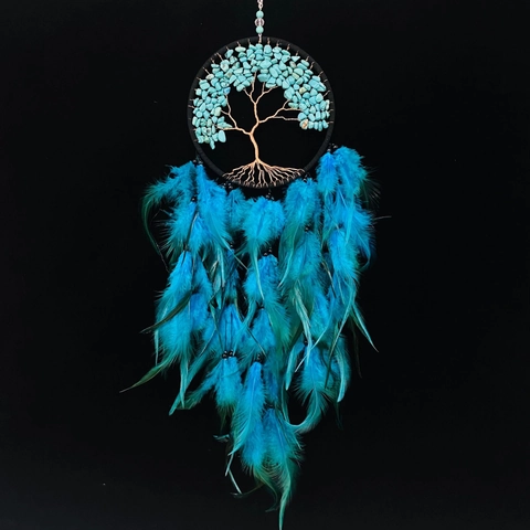 Acchiappasogni Albero Della Vita Decorazione Da Parete Fatto A Mano Turchese Pietra Cristallo Piuma Blu Boho