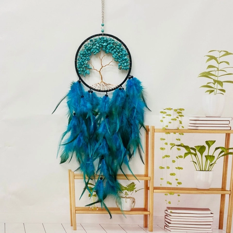 Acchiappasogni Albero Della Vita Decorazione Da Parete Fatto A Mano Turchese Pietra Cristallo Piuma Blu Boho