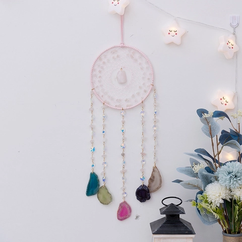 Atrapasueños De Cristal Rosa Hecho A Mano Con Rodajas De Ágata Natural Decoración De Pared Bohemia Para Dormitorio