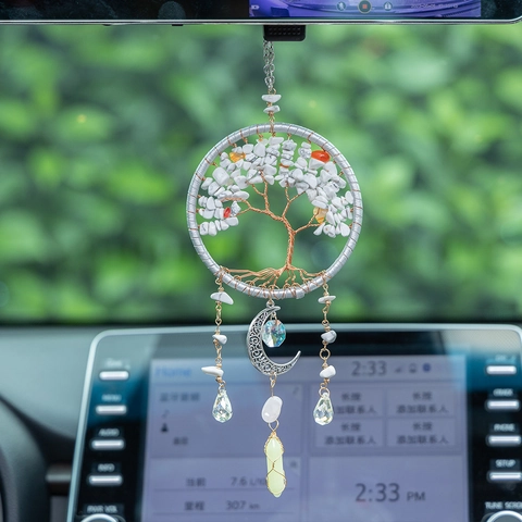 Handmade Tree Of Life Dreamcatcher Hanging Decor White Turquoise Crushed Stone Moon Pendant For Car Home Wall Spiritual Gift