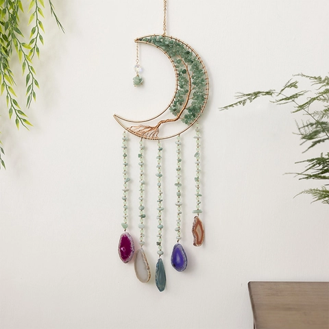 Bohemian Moon Tree of Life Dream Catcher Wall Hanging Natural Green Aventurine Stone Chips Multicolored Agate Slices Home Decor