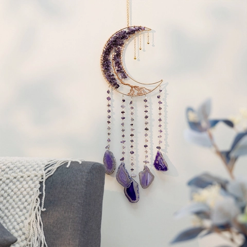 Moon Dream Catcher Natürlicher Amethyst Achat Scheiben Lebensbaum Wandbehang Deko Böhmisch Handgefertigt Heilstein Ornament