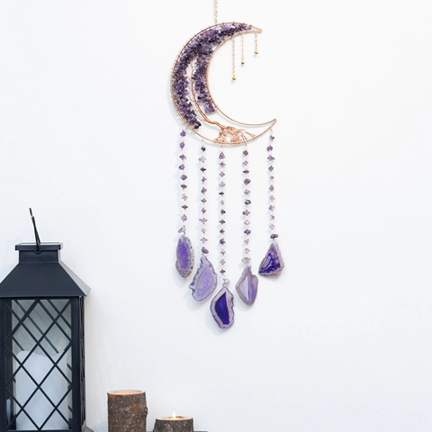 Moon Dream Catcher Natürlicher Amethyst Achat Scheiben Lebensbaum Wandbehang Deko Böhmisch Handgefertigt Heilstein Ornament