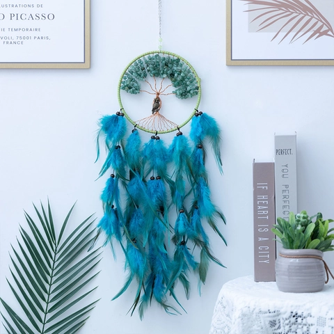 Atrapasueños Árbol De La Vida Decoración Pared Hecho Mano Piedra Natural Verde Alambre Cobre Búho Pluma Ornamento Bohemio