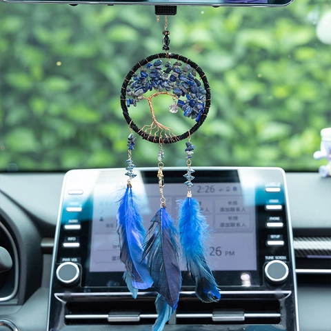 Tree Of Life Dreamcatcher Car Hanging Ornament Blue Crushed Stone Feather Handmade Bohemian Home Wall Decor Rearview Mirror Accessories