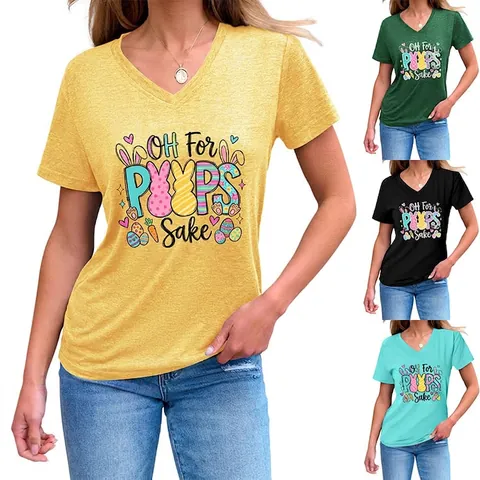Maglietta Pasquale Da Donna Scollo A V Manica Corta Misto Cotone Stampa Grafica Coniglio Casual Nodo Orlo Top
