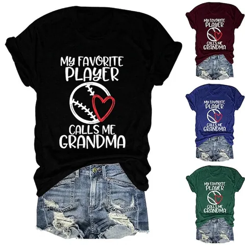 Maglietta da Donna in Misto Cotone Casual My Favorite Player Calls Me Grandma Baseball Grafica Manica Corta Girocollo