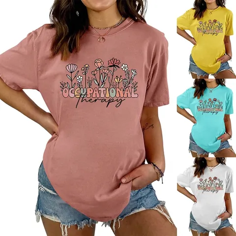 Occupational Therapy Flower Print T-Shirt Women Cotton Blend Casual Short Sleeve Crew Neck Loose Top Retro Style