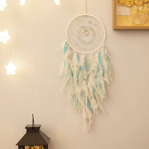 Nordic Dream Catcher Aquamarine Crystal Hand Woven Feather Wall Hanging Decoration Bohemian Room Ornament