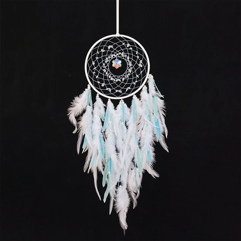 Nordic Dream Catcher Aquamarine Crystal Hand Woven Feather Wall Hanging Decoration Bohemian Room Ornament