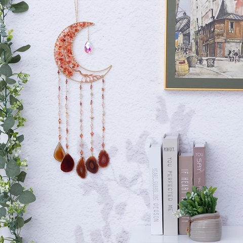 Maan Levensboom Zonnevanger Hangend Ornament Met Rode Agaatschijven En Kristallen Kralen Bohemen Wanddecoratie