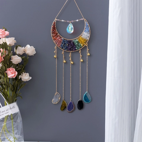Decorazione Murale In Cristallo Fase Lunare Boho Pietre Naturali Chakra E Fette Di Agata Ornamento Fatto A Mano