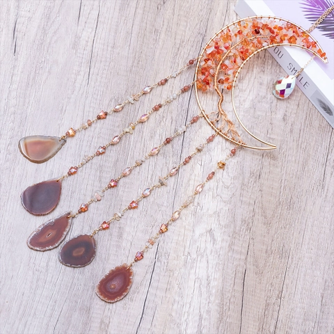 Maan Levensboom Zonnevanger Hangend Ornament Met Rode Agaatschijven En Kristallen Kralen Bohemen Wanddecoratie