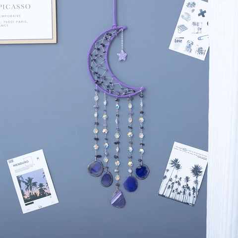 Bohemian Moon Dreamcatcher With Amethyst Agate Slices Handmade Purple Crystal Wind Chime For Home Bedroom Living Room Wall Hanging Decor