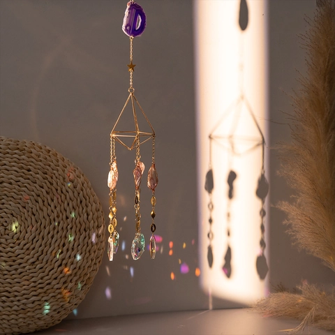 Crystal Suncatcher Purple Agate Slice Amethyst Raw Stone Geometric Metal Wind Chime Rainbow Maker Hanging Decor