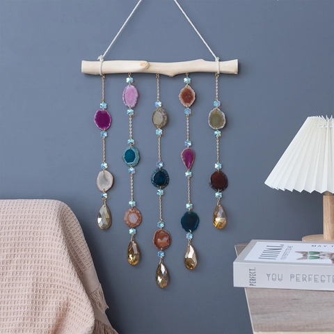 Natural Agate Slice Wall Hanging Decor Suncatcher With Wood Stick Gold Metal Chain Crystal Beads Boho Home Window Ornament
