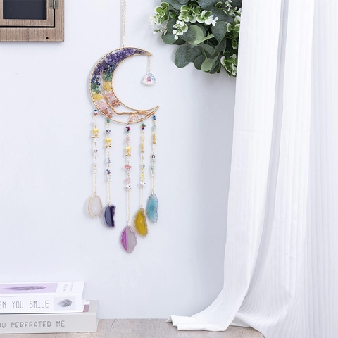 Bohemian Moon Dream Catcher Healing Stone Life Tree Wall Hanging Decor Handmade Agate Slice Metal Ornament Home Bedroom