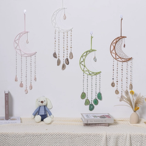 Atrapasueños en Forma de Luna Decoración de Pared Rodajas de Ágata Natural Piedras Hecho a Mano Decoración Bohemia Para Dormitorio Sala Hogar Regalo