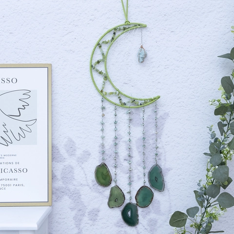 Atrapasueños en Forma de Luna Decoración de Pared Rodajas de Ágata Natural Piedras Hecho a Mano Decoración Bohemia Para Dormitorio Sala Hogar Regalo